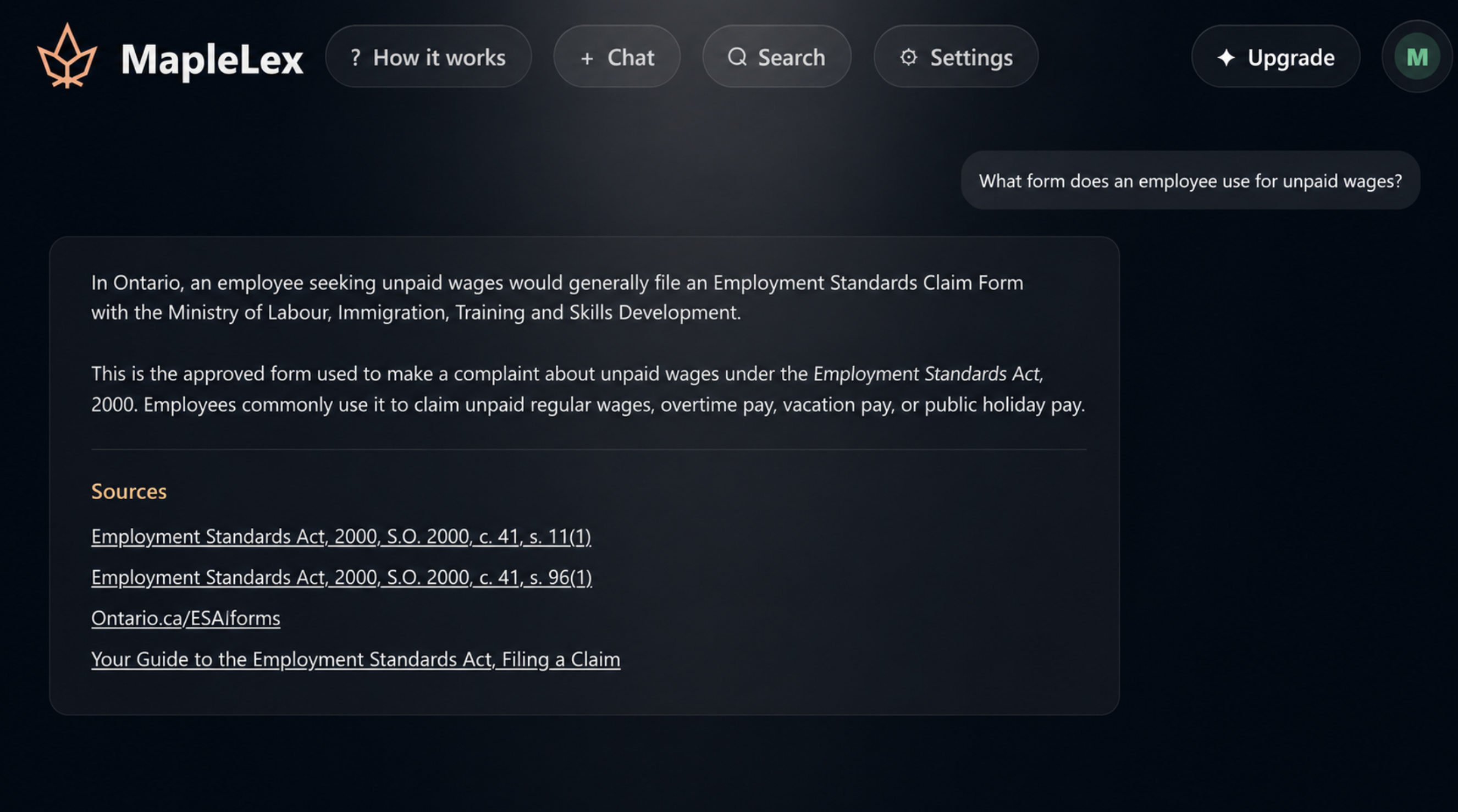 MapleLex legal research assistant interface
