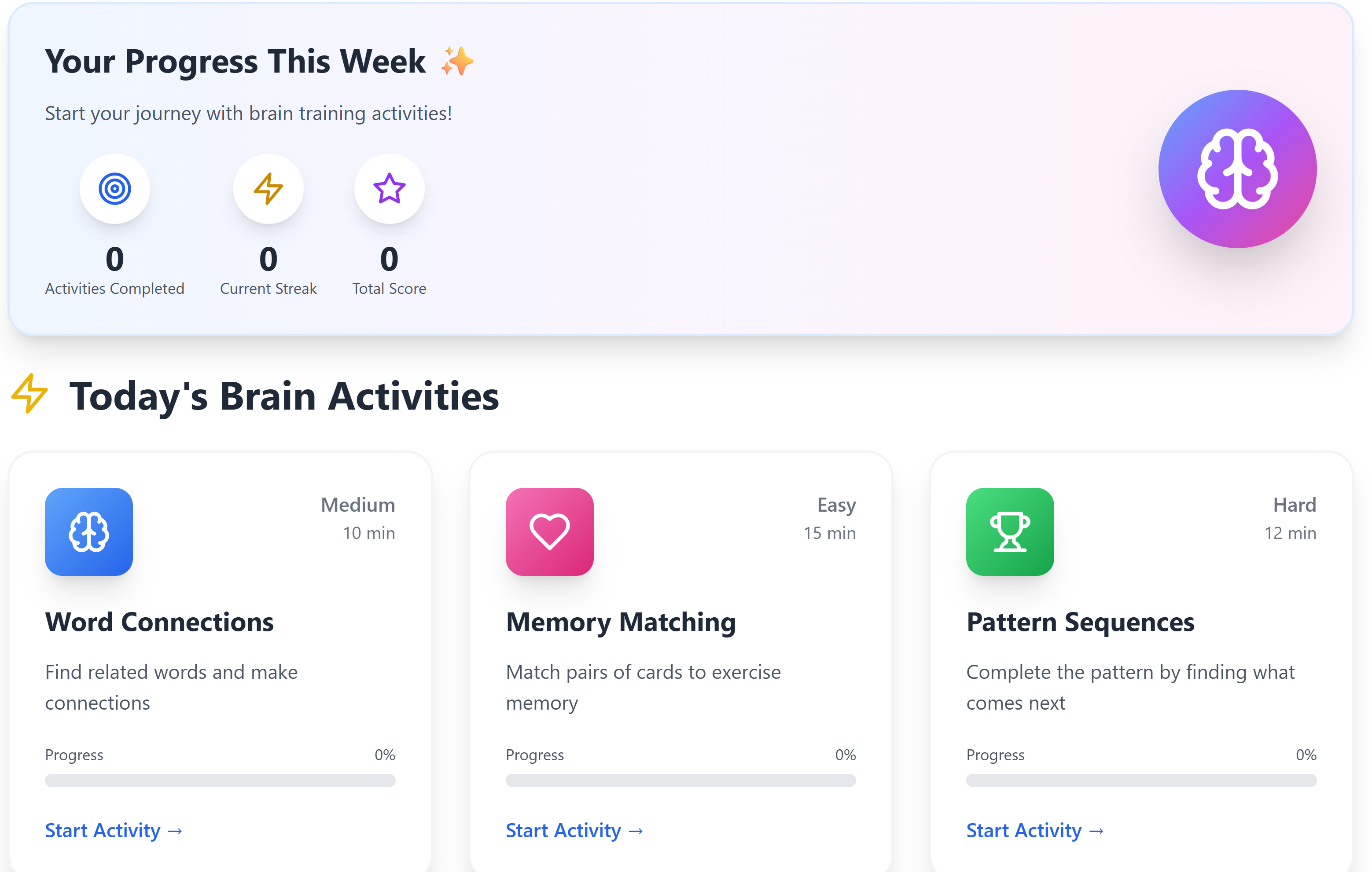 Memoir dashboard showing weekly progress and brain training activities