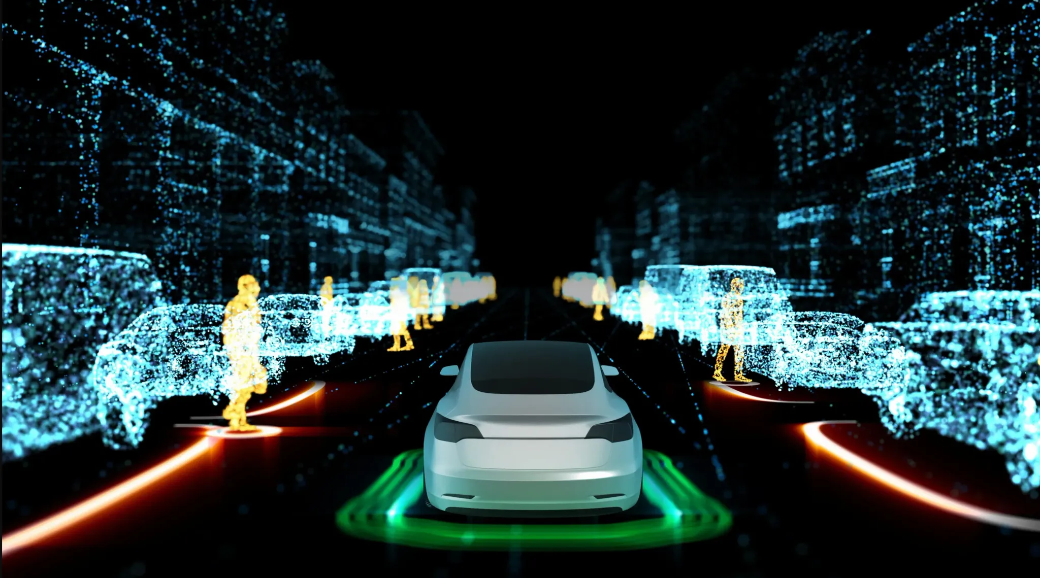 Autonomous vehicle sensing cars and pedestrians in a city