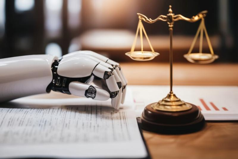 A robotic hand beside scales of justice